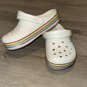 Kids White Crocs with Rainbow Stripes